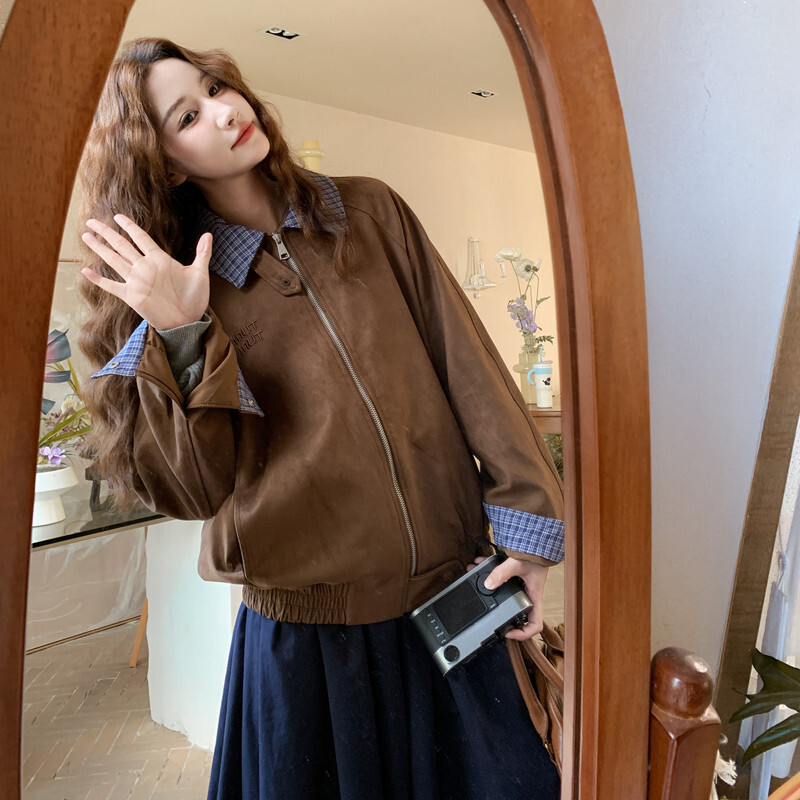 美拉德翻领格子拼接麂皮绒外套女秋季新款宽松松弛感休闲夹克