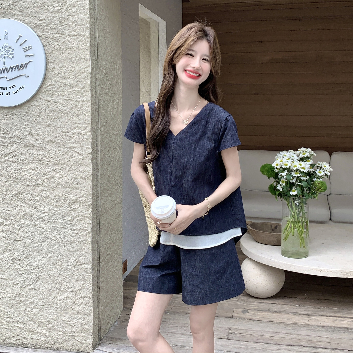 设计优质感假两件拼接牛仔上衣套装女夏季新款直筒短裤两件套潮
