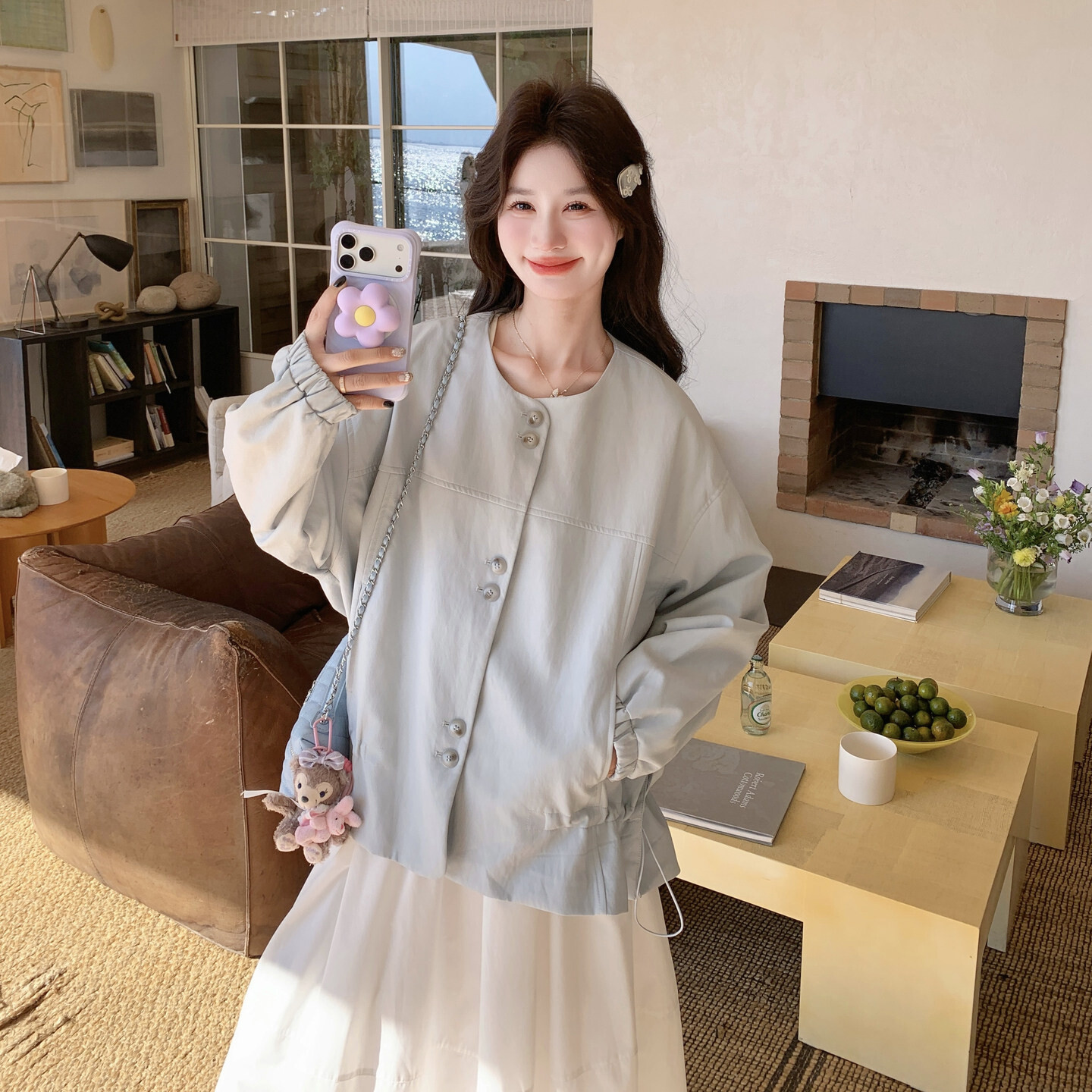 韩系立领优质PU皮美洋短款皮衣外套女春季新款浅蓝色减龄休闲夹克