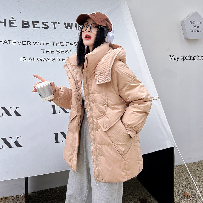 2025冬季新款肌理感90白鸭绒羽绒服女设计感小众时尚连帽加厚外套