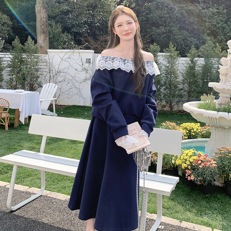 春秋新款上市微弹优质2026年秋季学院风套装蕾丝拼接半身裙两件套
