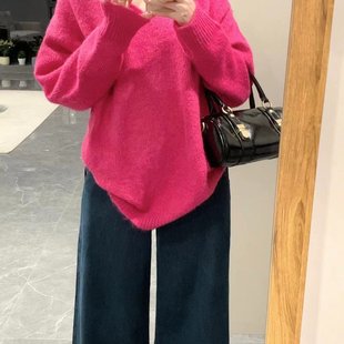 韩系穿搭宽松露肩针织衫 火龙果色慵懒风v领套头毛衣女秋冬季 上衣