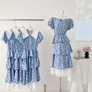 小个子气质蛋糕长裙 2026新爆款 法式 娃娃领蓝色碎花连衣裙子女夏季