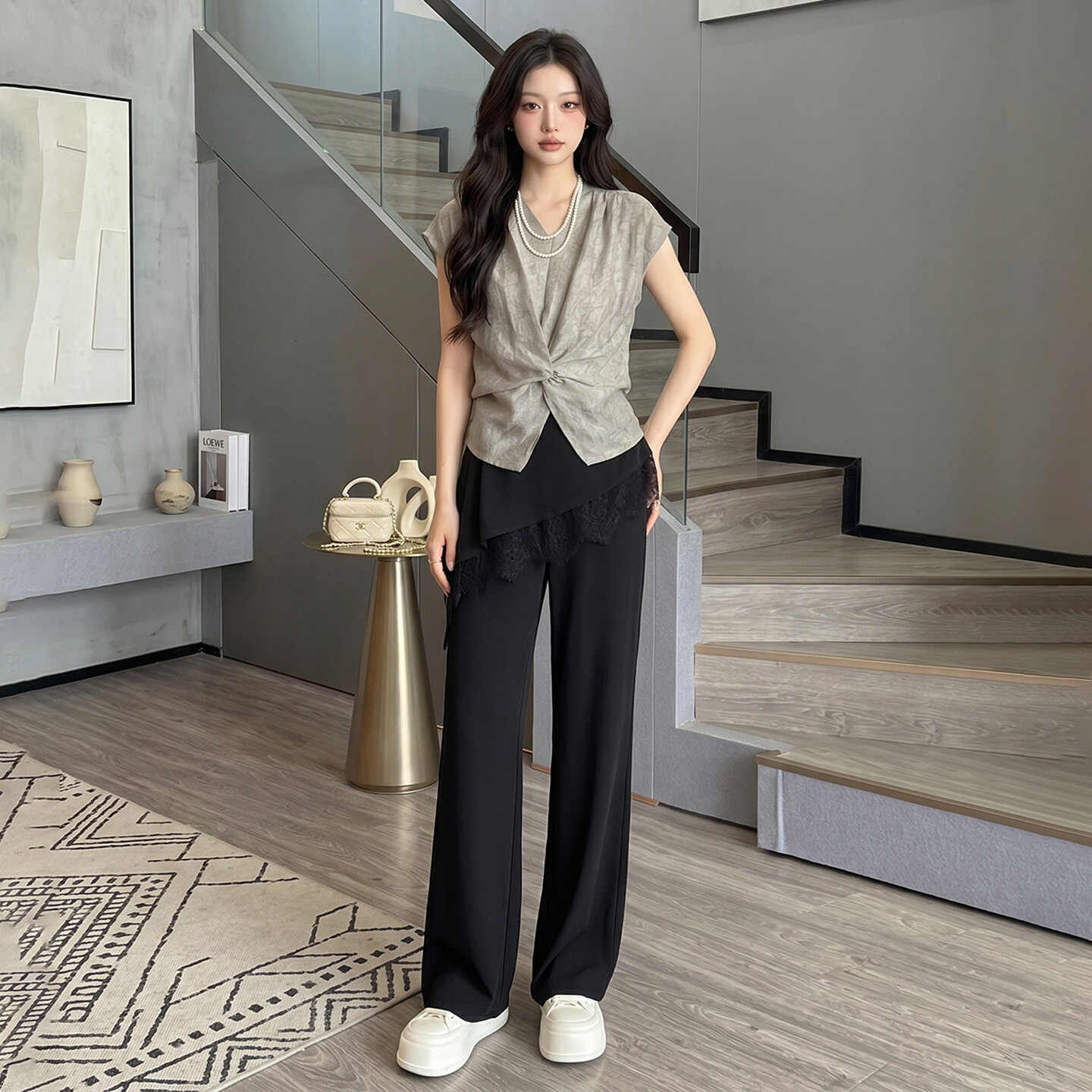 潮流时尚休闲套装女夏款领褶皱扭结无袖上衣蕾丝屁帘长裤两件套