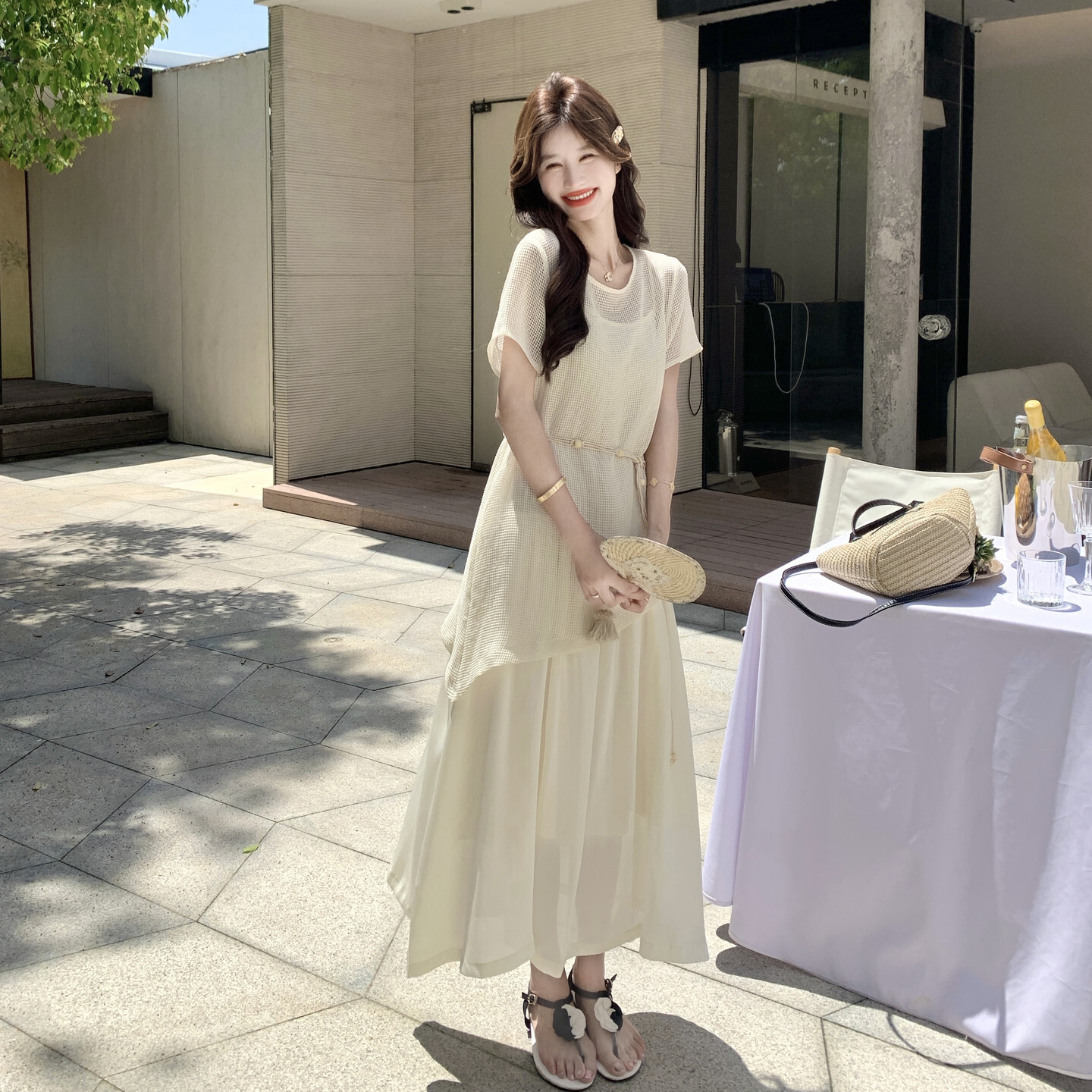 韩系松弛感杏色镂空网格收腰上衣垂感雪纺半身裙套装女夏两件套装