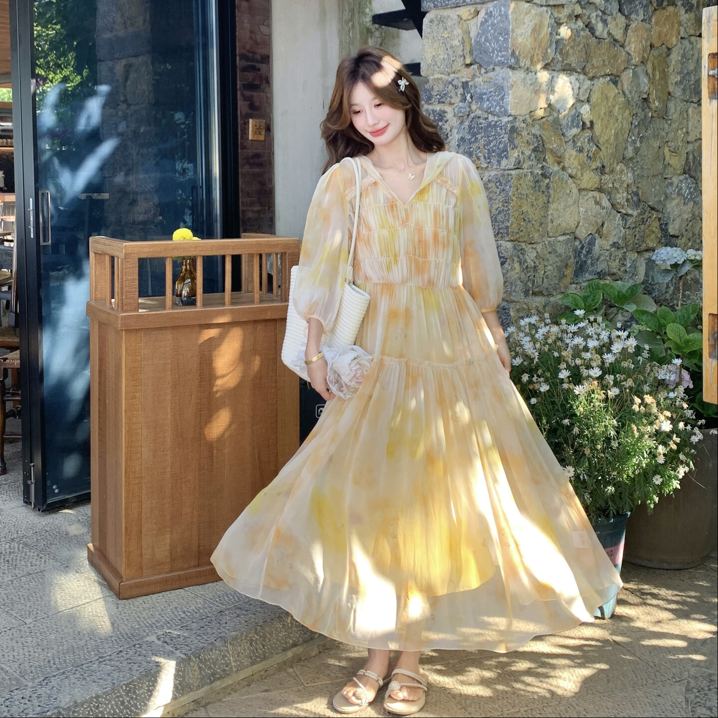 黑色宽松新款上市休闲复古优质仙女裙女夏款领打揽晕染连衣裙
