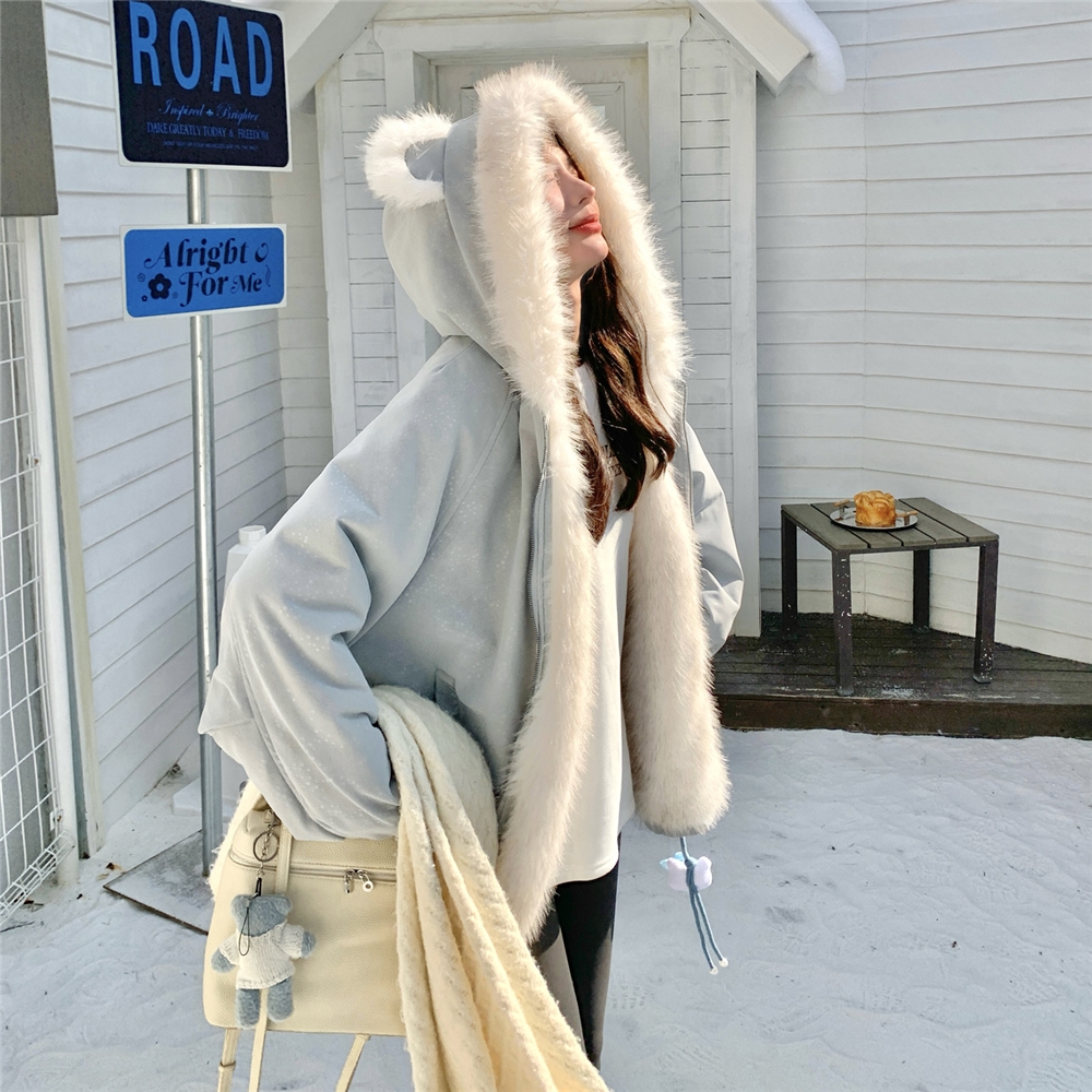 正反两穿兔耳朵毛毛外套时尚潮流保暖皮毛一体外套显瘦宽松短款