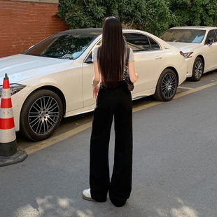 ins潮流学生 高腰宽松显瘦阔腿拖地裤 黑色直筒小个子牛仔裤 女韩版