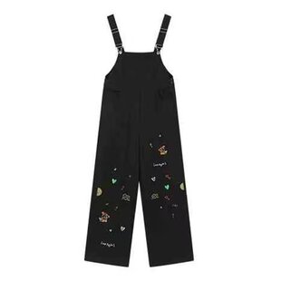 宽松 女2026春夏休闲连体长裤 牛仔刺绣背带裤 复古二罗水洗阔腿裤