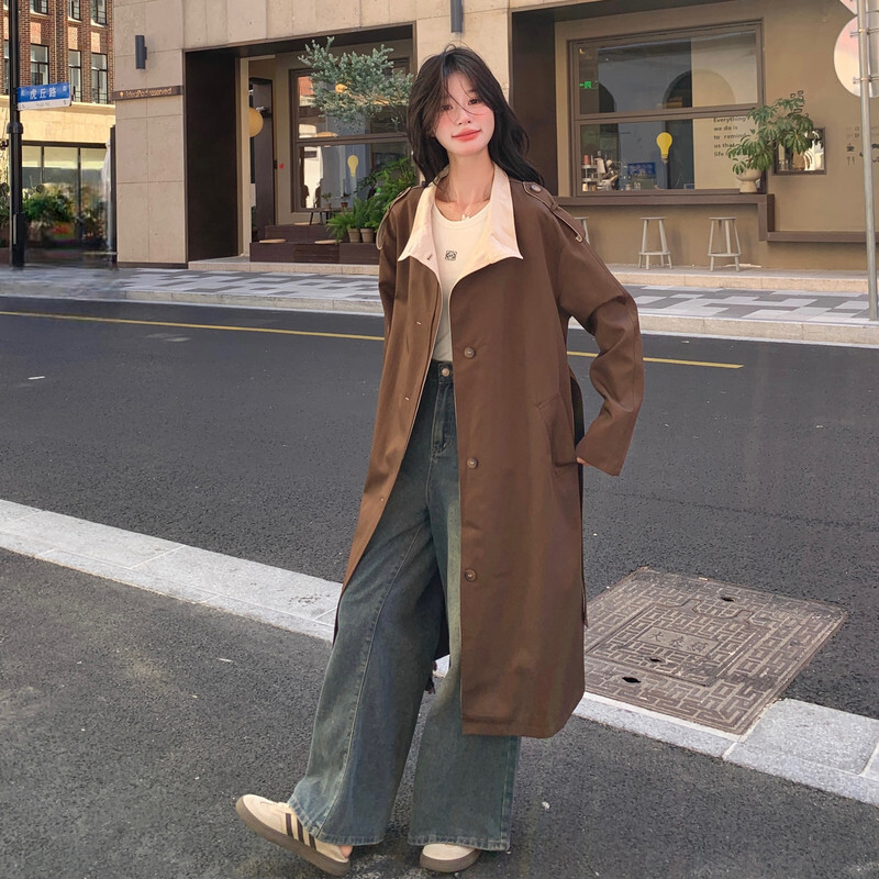 秋装夹克立领优质宽松型长款精品新款麂皮绒撞色风衣外套双色pk