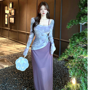 上衣女开叉吊带连衣裙长裙两件套 纯欲晕染网纱抽皱显瘦防晒衫