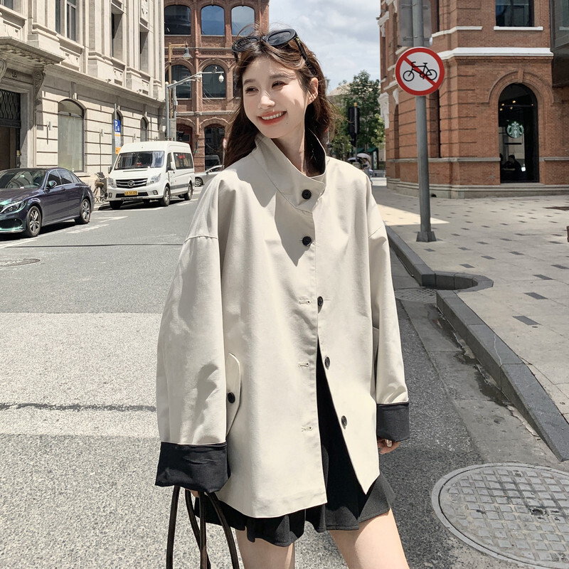 大衣白色韩版宽松显瘦拼接风衣女秋季新款小个子休闲风夏季外套