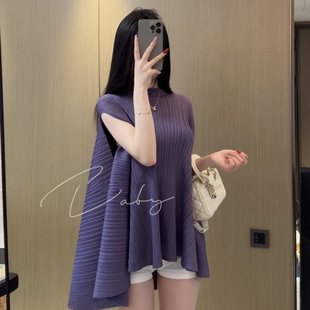 褶皺小眾設(shè)計(jì)感女夏氣質(zhì)寬松斗篷百搭短袖 紫色雪紡衫 上衣潮