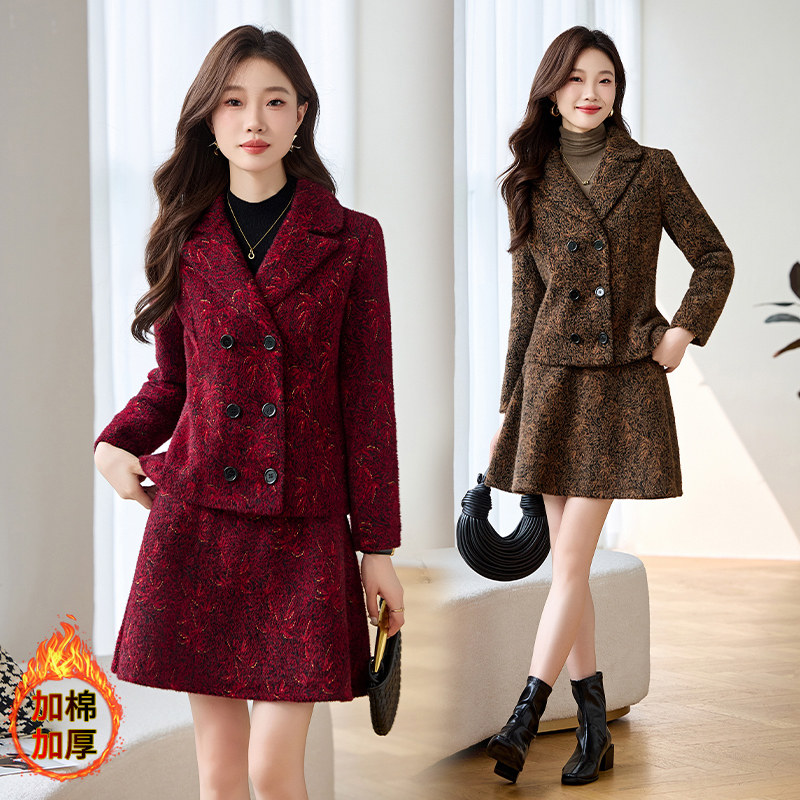 毛呢外套半身裙两件套女2026冬季新款气质显瘦加棉保暖连衣裙套装