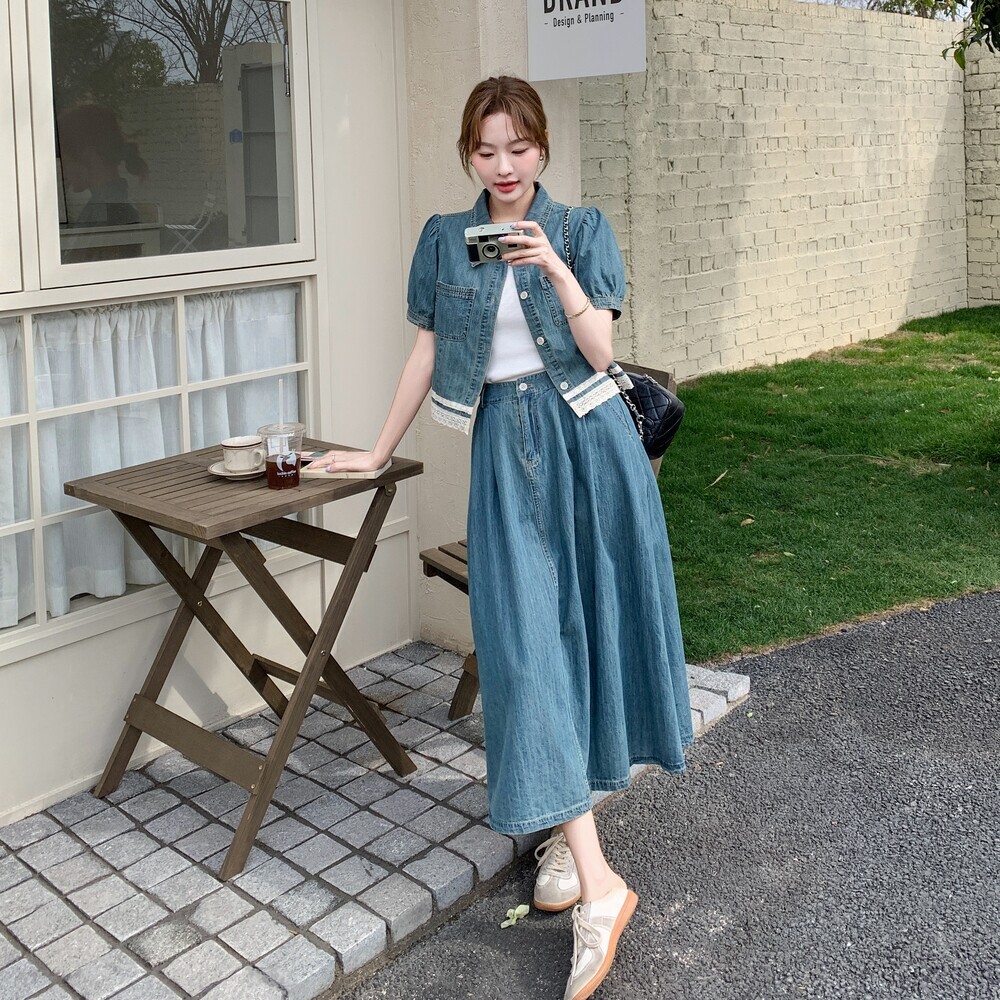 新款上市短袖蕾丝拼接牛仔衬衫套装裙女款高腰显瘦半身裙两件套