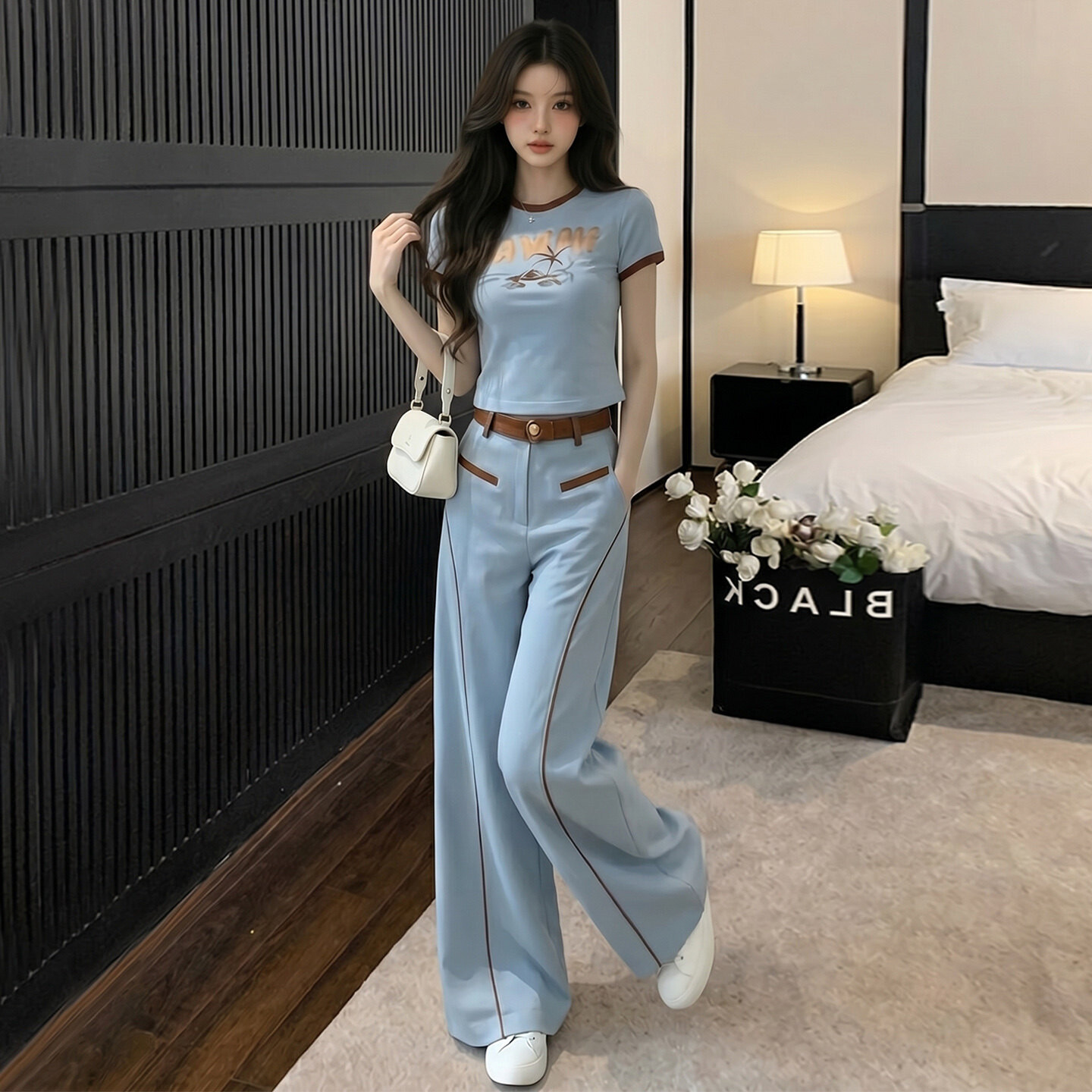 女夏季新款韩版时尚减龄套装显瘦圆领印花短袖上衣阔腿长裤两件套