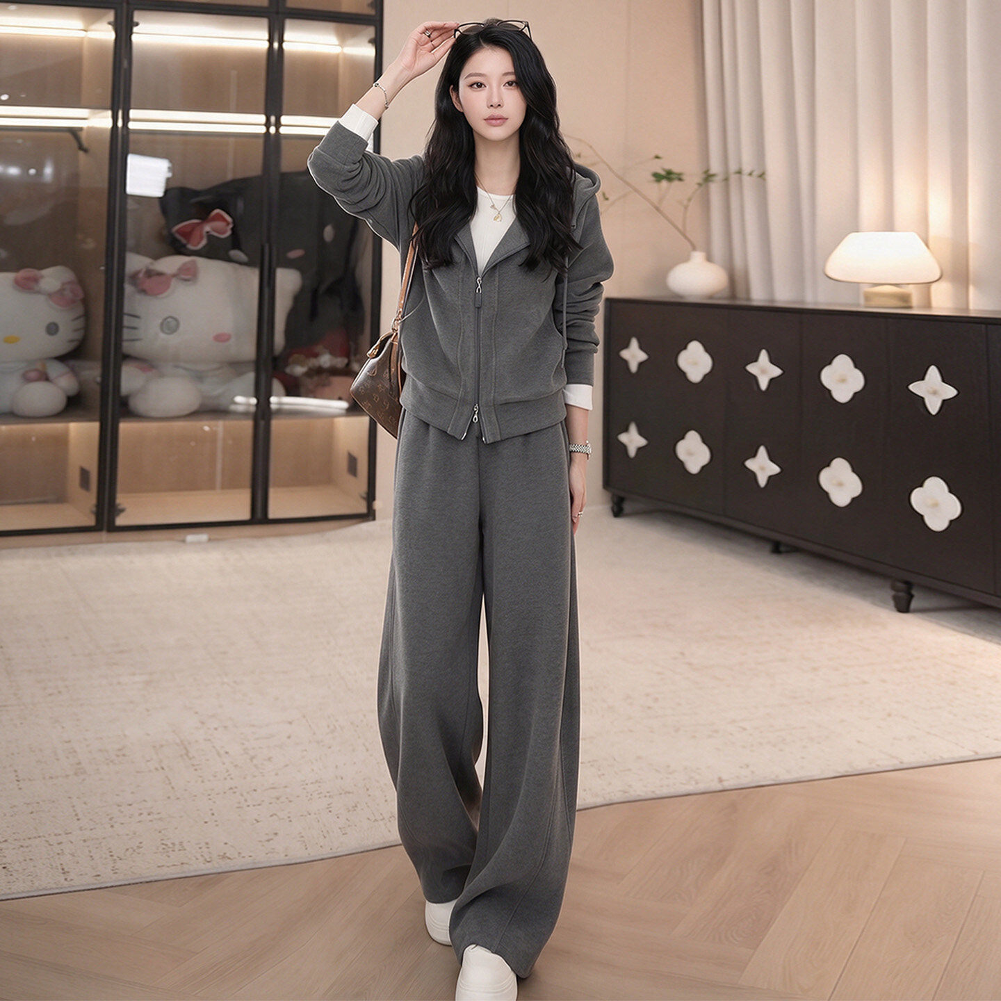 欧货时尚休闲套装女秋季新款显瘦连帽拉链开衫卫衣直筒长裤两件套