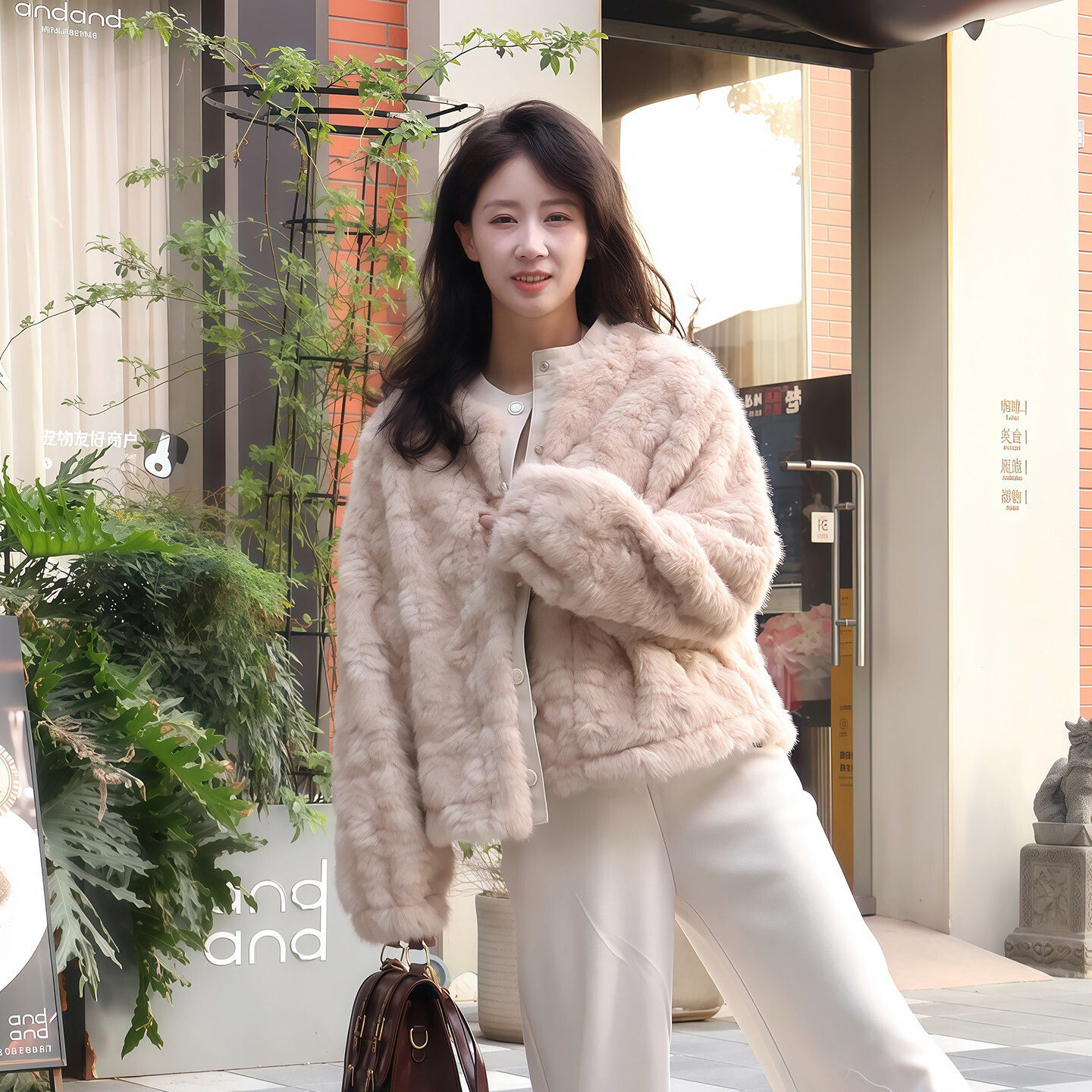 黑色小个子新款上市皮毛一体时尚小香门襟拼皮宽松仿皮草短外套女