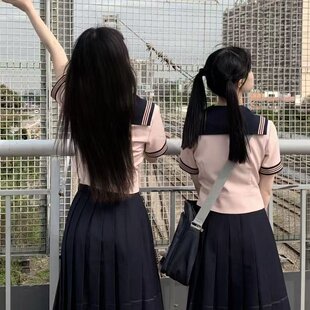 梗豆物语*抚蝶女子夏季水手制服女套装高腰显瘦a字裙学生纯色
