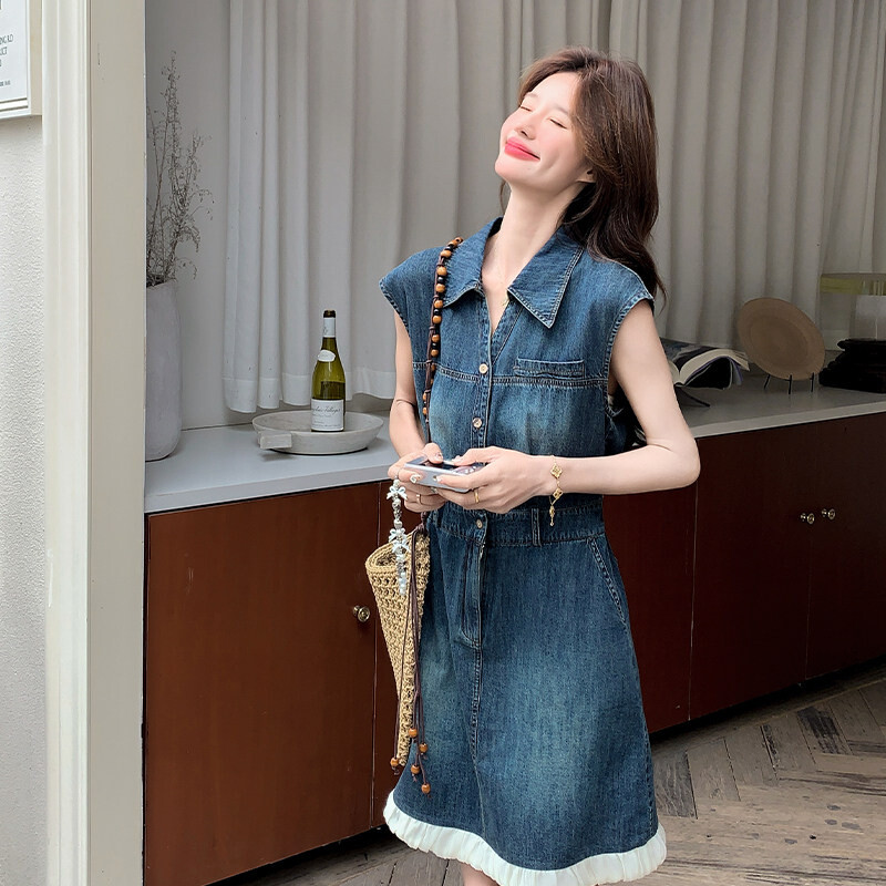 深色拼接牛仔无袖中性风拼接裙夏季沙滩连衣裙女士背带连衣裙子