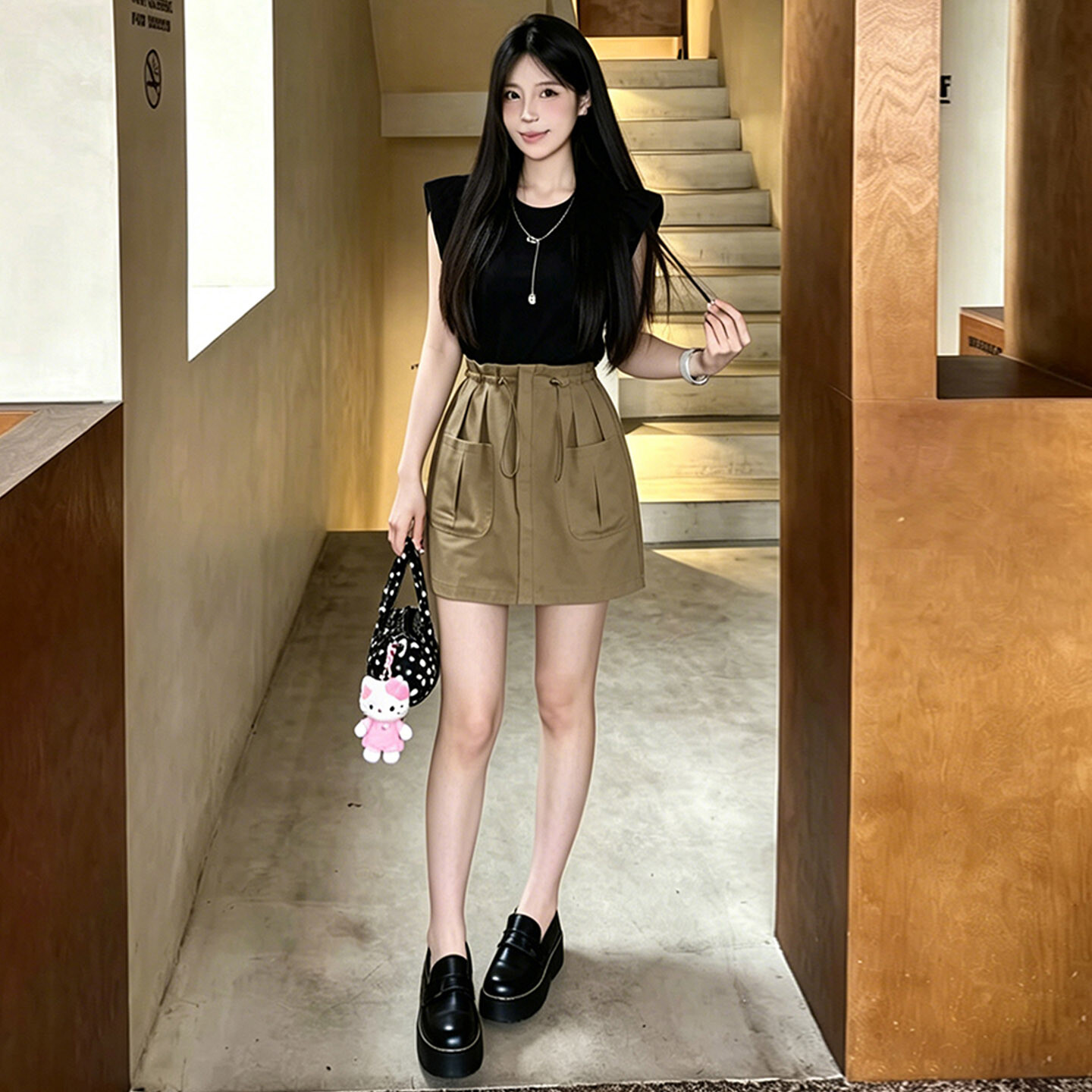 女夏季新款时尚减龄套装收腰显瘦圆领黑色无袖上衣工装短裙两件套