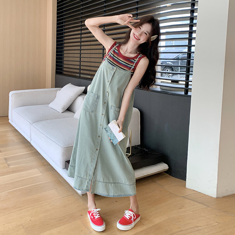 彩色显瘦条纹背心恤牛仔背带裙女夏季小个子休闲无袖连衣裙两件套