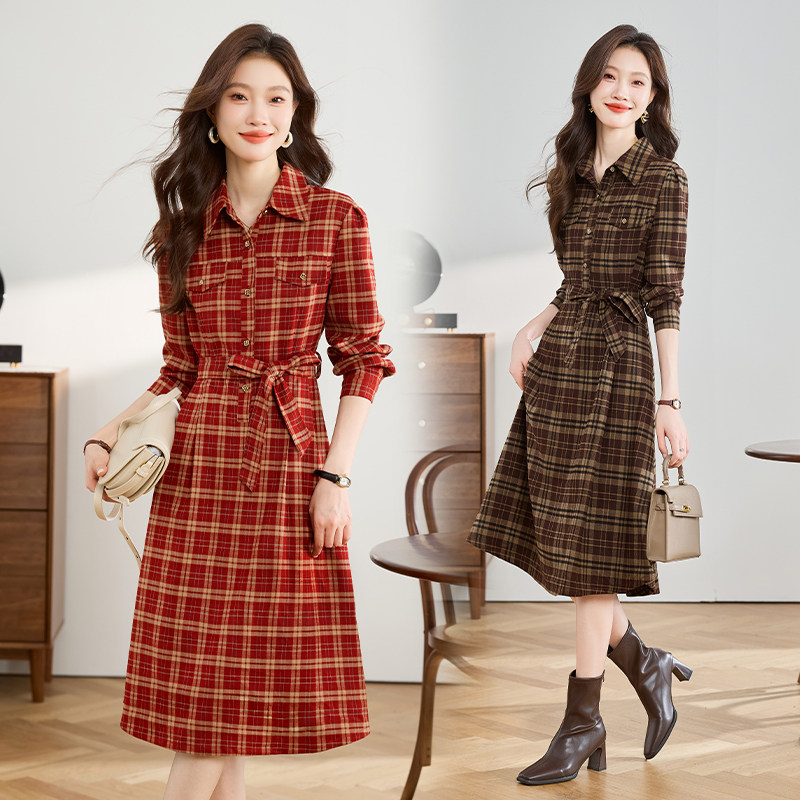 格子衬衫连衣裙女春秋装新款长袖法式收腰遮肚显瘦高级感裙子