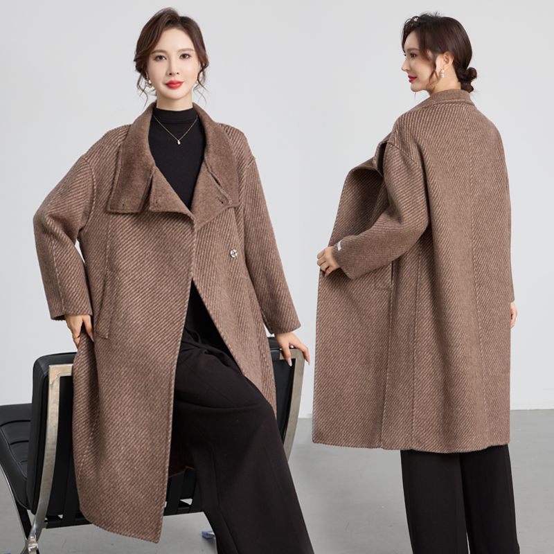 双面羊毛大衣女2024秋冬新款赫本风大衣女斜纹立领羊毛双面外套潮