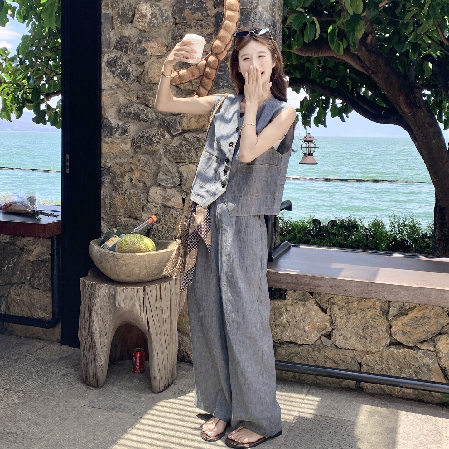 韩系慵懒风灰色亚麻无袖马甲女夏季高腰垂感阔腿长裤休闲两件套