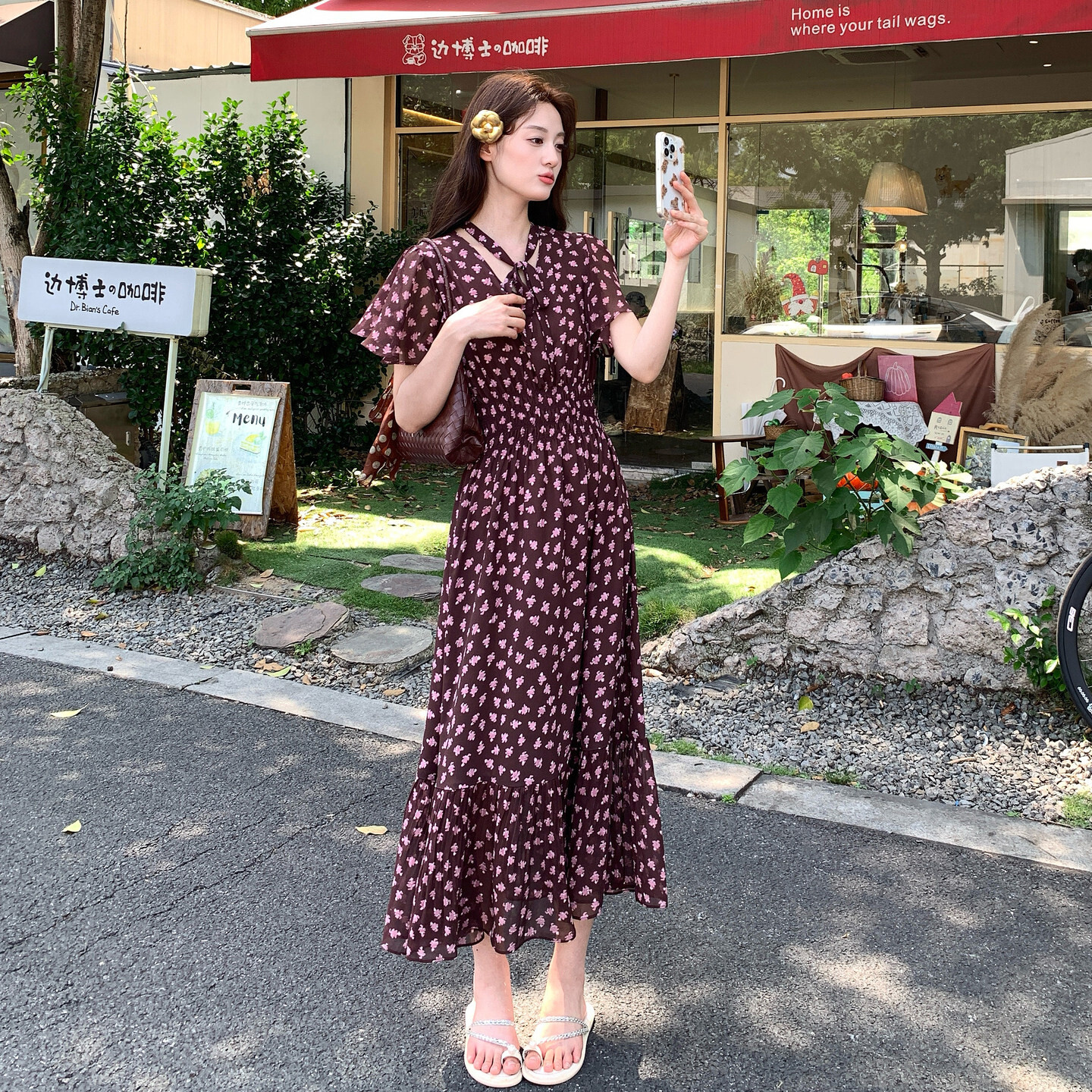 夏季新款法式荷叶袖领结收腰中长款连衣裙收腰裙雪纺女士短袖