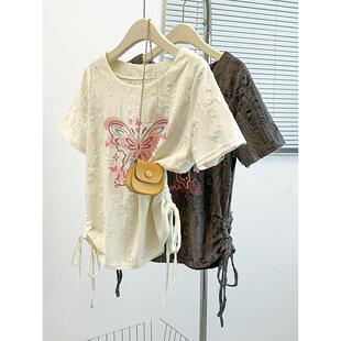 女甜美破洞印花蝴蝶绑带短袖 胖mm大码 T恤 新款 2026夏装