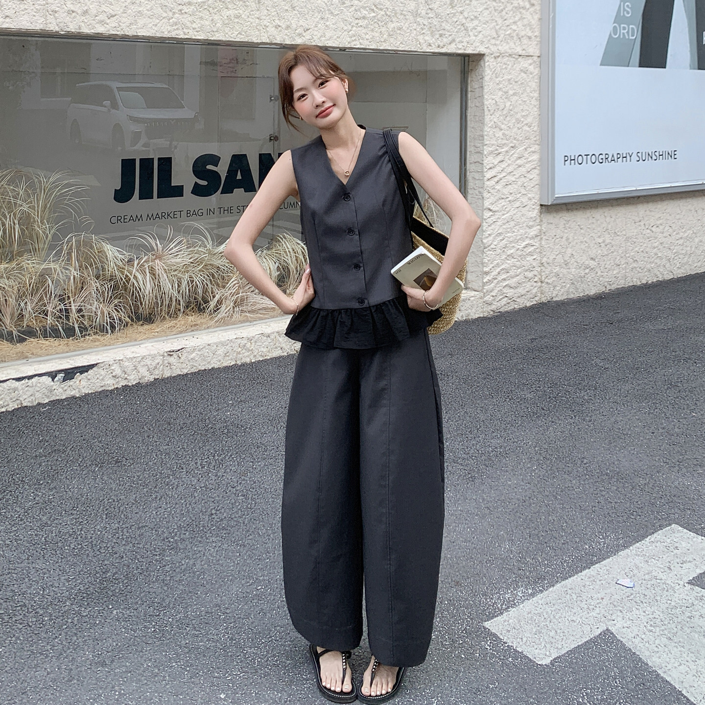 夏季优质精品甩卖新款灰色套装女领边马甲阔腿裤休闲通勤两件套