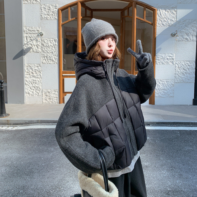 新款针织加厚优质休闲风显瘦精品厚款双面羊绒拼接连帽韩版羽绒服