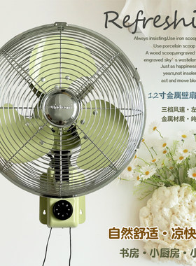 清新绿复古金属壁扇厨房家用风扇挂壁式挂墙电风扇机械式摆头铜芯