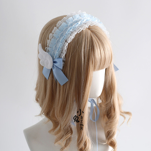 蓝白日系量产型头饰黑白天使翅膀发带哥特暗黑Lolita头饰亚文化
