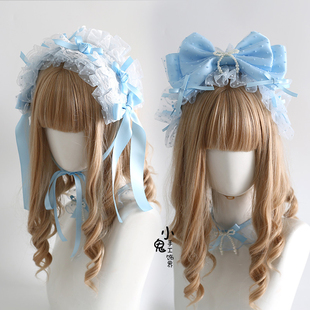 原创Lolita发饰蓝色昭和十字恋人doll手作小礼帽发箍手袖发带小物