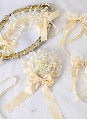 原创奶黄色桂花洛丽塔Lolita蝴蝶结优雅doll发带礼帽丝缎芭蕾发夹
