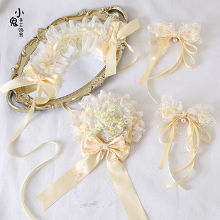 原创奶黄色桂花洛丽塔Lolita蝴蝶结优雅doll发带礼帽丝缎芭蕾发夹