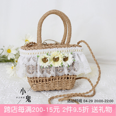 taobao agent Handheld straw shoulder bag, Lolita style, flowered