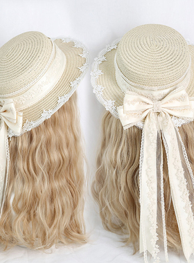 原创森系lo娘软妹草帽手工夏季百搭圆顶蕾丝蝴蝶结飘带草编帽子