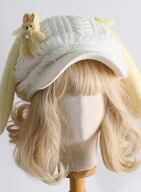 原创毛绒贝雷帽奶黄色蝴蝶结兔耳朵棒球帽秋冬季保暖毛线帽显脸小