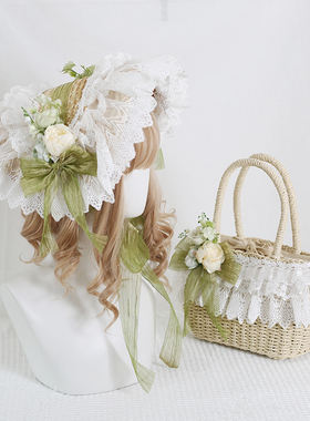 原创手作Lolita森林系田园草帽bnt蕾丝cla系帽子扁帽草编手提包包