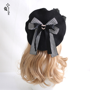 春季款大小姐lolita少女心黑白格毛呢女手作蕾丝蝴蝶结日系贝雷帽
