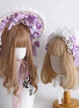 原创粉紫色Lolita波奈特蕾丝发带洛丽塔小礼帽花丸兔耳发箍KC