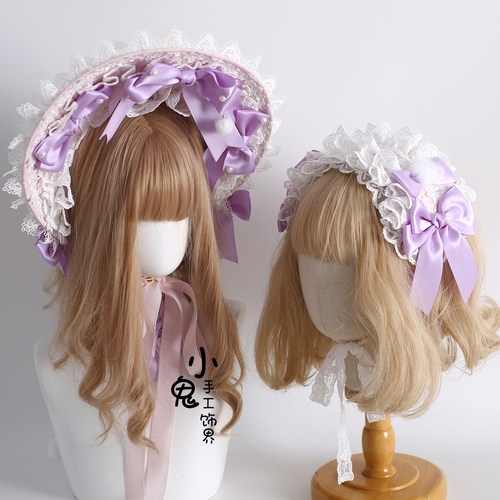 原创粉紫色Lolita波奈特蕾丝发带洛丽塔小礼帽花丸兔耳发箍KC