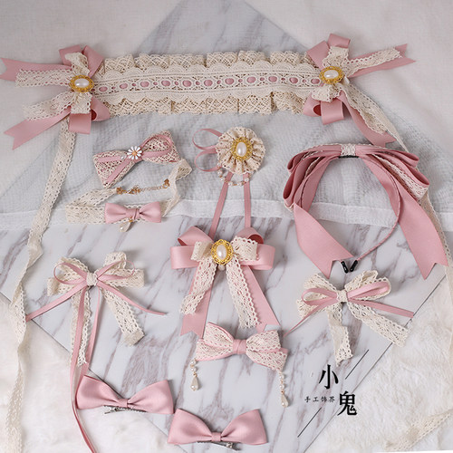 原创lo娘蕾丝蝴蝶结发带边夹甜美头饰洛丽塔KC发箍人形师韩粉色 - 封面