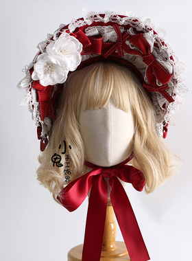 Lolita原创红色圣诞g波奈特BNT帽子蕾丝小礼帽洛丽塔发带对夹发带