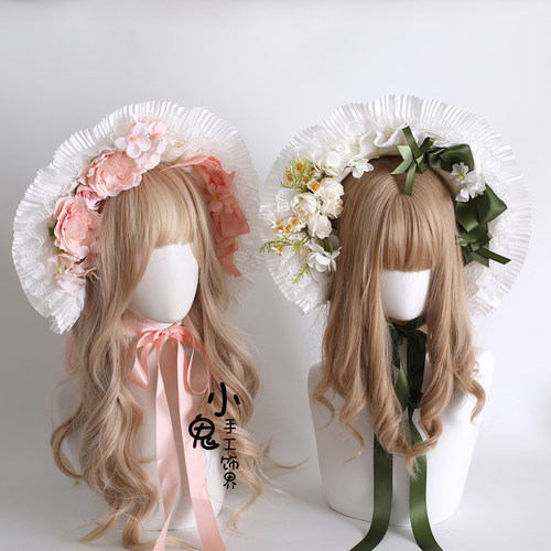 原创汉洋折衷花朵蕾丝蝴蝶结草帽洛丽塔扁帽lolita草帽明制波奈特