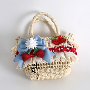 原创Lolita波点草莓塔塔蕾丝田园草编包藤编包手提编织包斜跨包