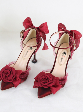 Lolita优雅山茶花lo鞋花嫁款高跟鞋凉鞋蝴蝶结蕾丝芙拉小姐洛丽塔